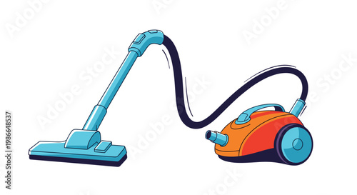 Modern orange and blue canister vacuum cleaner with a long hose and brush head for efficient home cleaning tasks.