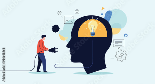 Concept of powering the brain and generating ideas with a man plugging an electrical cord into a giant human head.