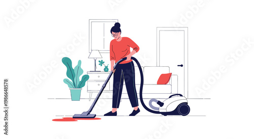 Woman using a vacuum cleaner to clean up a large red liquid spill on the floor in a bright living room during home chores.