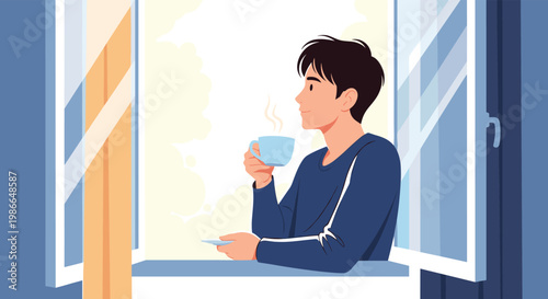 Young man enjoying hot drink while looking out of an open window during a peaceful morning at home or in an apartment.