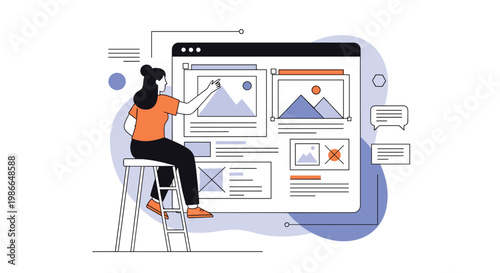 Creative web designer sitting on a stool while working on a complex website interface layout displayed on a large screen.
