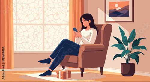 Woman relaxing in comfortable armchair while using her smartphone for social media or browsing the internet in a cozy living room.