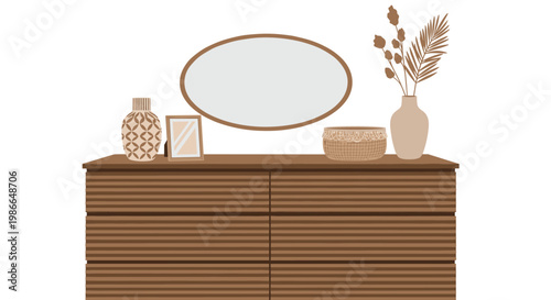 Modern wooden dresser with six drawers featuring a large oval mirror and decorative vases for home storage and interior decor.