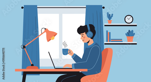 Man listening to music with headphones while working on his laptop and drinking coffee by a window during a rainy or calm day.