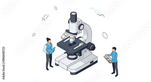 Scientists conducting research with a giant laboratory microscope representing scientific discovery and biotechnology innovation.