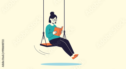 Peaceful woman reading a book while sitting on a swing outdoors representing relaxation leisure and mental health.
