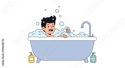 Happy boy taking a bubble bath in a large blue tub with soap suds and bubbles everywhere for hygiene and child care theme.