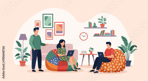 Three people working on laptops in a cozy living room.