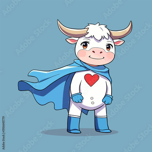 Super cow hero stands, heroic cartoon with bright bold tones