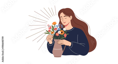 Young woman with long brown hair enjoys the fragrance of a fresh floral bouquet in a ceramic vase indoors.