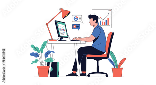 Focused professional businessman works on financial analysis and data visualization at his desk in an office.