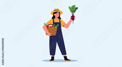 Female farmer in overalls and a hat happily presents a fresh beetroot from her garden harvest in a basket.