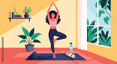 Healthy young woman performs a tree yoga pose in her bright living room for physical and mental wellness.