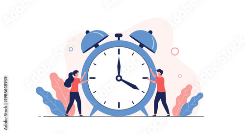 Two people cooperate to move the hands of a giant blue alarm clock representing effective time management.