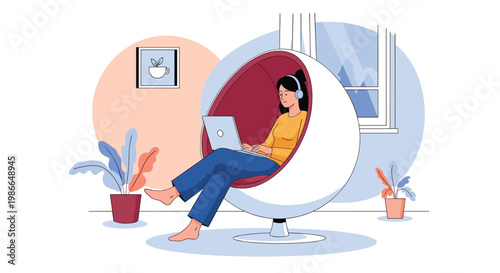 Woman with headphones relaxes in a modern white egg chair while working on her laptop in a cozy room.