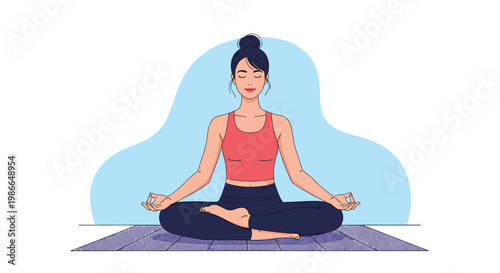 Serene young woman meditates in a lotus yoga pose on a purple mat for mental peace and body health.