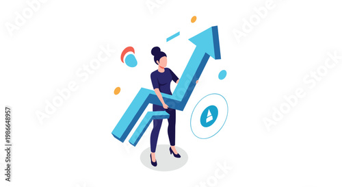 Businesswoman in a dark dress carries a large blue upward arrow representing business growth and success.