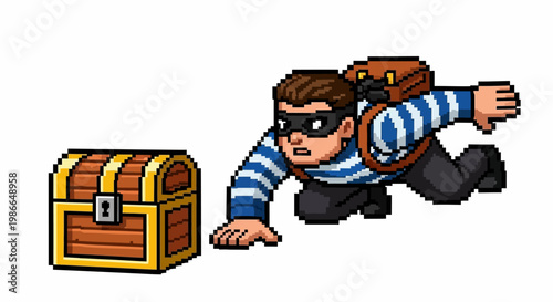 Pixel Art Thief Sneaking Towards Treasure Chest.