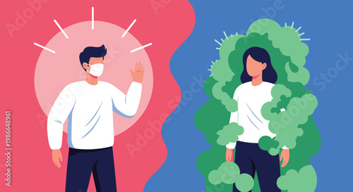 Healthcare concept showing a man wearing medical protective mask avoiding physical contact with a person infected with virus or bacteria germs.