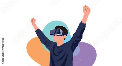 Young man wears a virtual reality headset and raises his arms in excitement during an immersive experience.