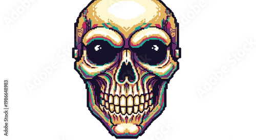 Pixel Art Skull With Large Eyes And Grinning Teeth.