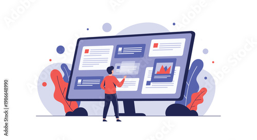 Tech professional analyzing data and managing digital content on a huge computer monitor display with multiple information windows and charts.