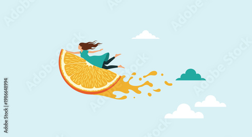 Surrealistic illustration of a young woman flying through the sky on a giant orange slice representing fresh taste and vitamin energy boost.