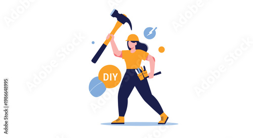 Confident female home renovation expert holding large hammer and tool belt ready for professional maintenance or creative DIY repair projects.