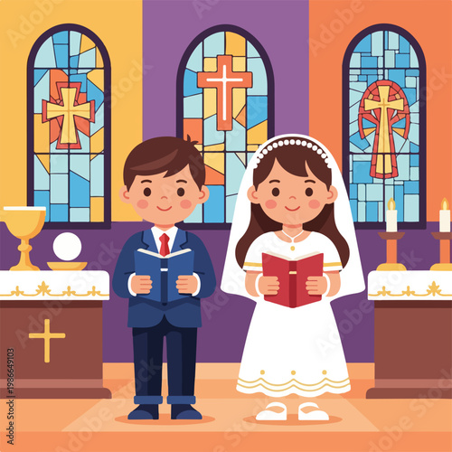A cartoon boy and girl in church
