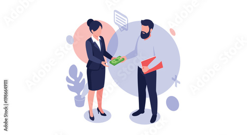 Businessman and businesswoman shaking hands and exchanging money representing successful business deal, investment, or transaction.