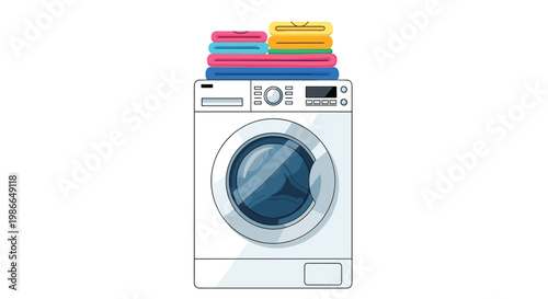 Clean white front loading washing machine with a stack of colorful folded laundry on top representing household chores and domestic life.