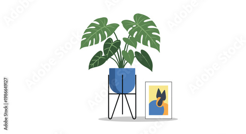 Modern interior decoration featuring a large green Monstera deliciosa plant in a blue pot on a stand with a framed abstract artwork.