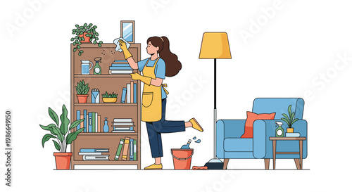 Young woman wearing yellow gloves and apron while dusting and cleaning a bookshelf in a tidy living room with armchair and lamp.
