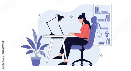 Focused young woman sitting at her office desk and working on a laptop computer with a desk lamp and bookshelves in the background.