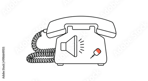 Black and white line art illustration of a retro landline telephone with speaker waves and a small highlighted red component.