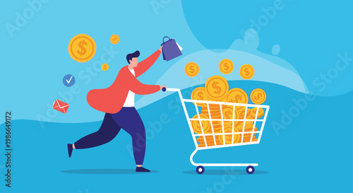 Happy man running fast while pushing a shopping cart overflowing with gold coins representing wealth, prosperity, and successful shopping.