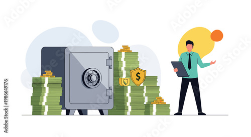 Financial expert stands beside a large metal vault surrounded by towering stacks of green cash and gold coins in a secure bank.