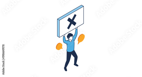 Isometric illustration of a man lifting a large rectangular sign with a black cross symbol over his head against a white background.