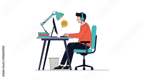 Focused man wearing headphones sits at a desk working on a computer while a speech bubble appears above his head in an office.