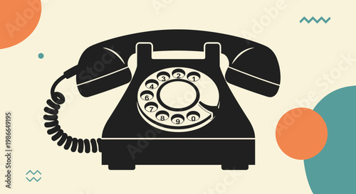 Vintage black rotary dial telephone stands out against a beige background decorated with colorful abstract circles and zigzags.