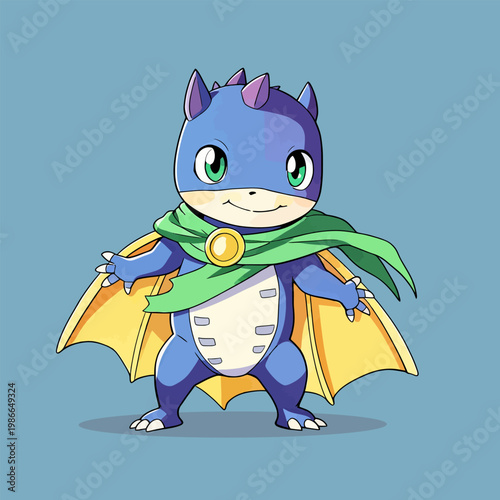 Super dinosaur hero stands, heroic cartoon with bright bold tones