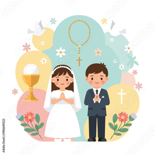 A cartoon boy and girl in prayer