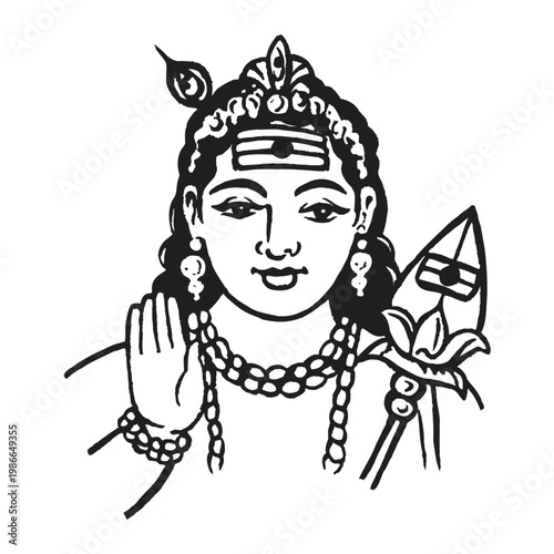 vintage drawing of indian lord murugan subramaniya swamy god tamil