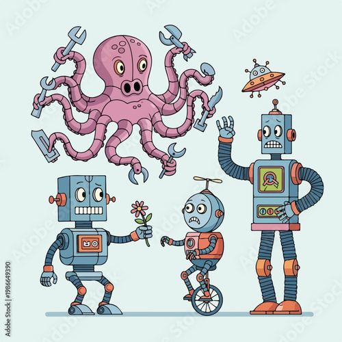 Cartoon robots and an octopus with tools