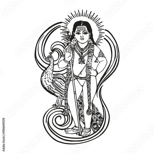 vintage drawing of indian om murugan subramaniya swamy god tamil