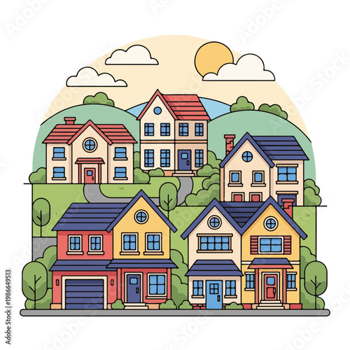 Colorful cartoon houses on a hillside (1)