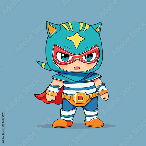 Super cat hero stands, heroic cartoon with bright bold tones