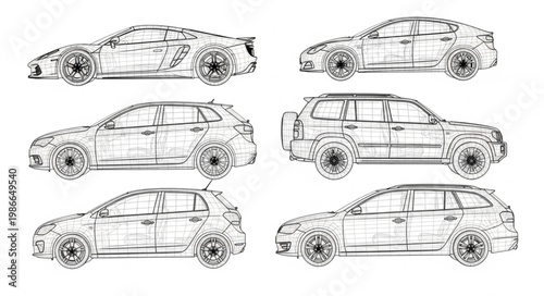 Collection of Hand Drawn Car Silhouettes and Sketches.