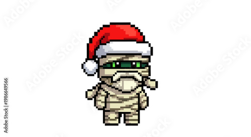 Pixel Art Mummy Wearing Santa Hat Festive Character.
