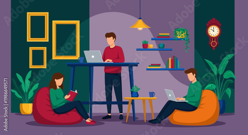 Three people working on laptops in a modern co-working space.